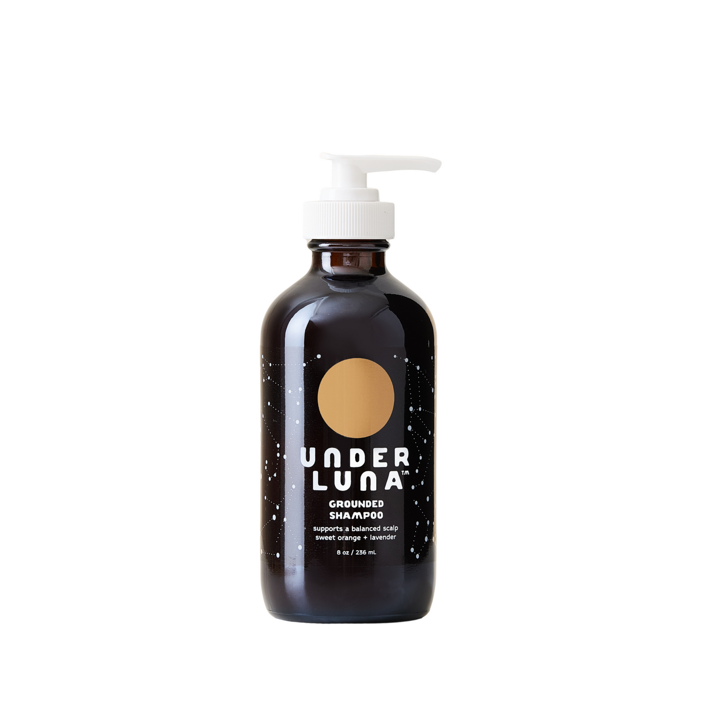 UNDER LUNA Grounded Shampoo, gentle and nourishing for balanced scalps. Infused with chamomile, yucca root, and aloe vera for family-friendly care. Aromatics: Lavender and sweet orange.