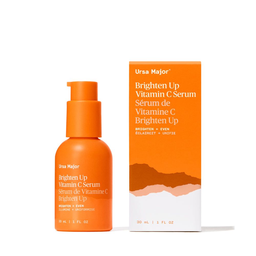 Bottle of URSA MAJOR Brighten Up Vitamin C Serum — lightweight, plant-powered skincare with Vitamin C and botanical extracts, designed to brighten and even the appearance of skin tone.