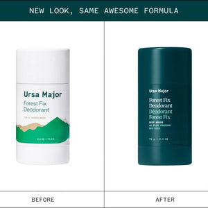 Two Ursa Major Forest Fix Deodorant containers, one white and one blue, on a white background with text indicating a new look and same formula.