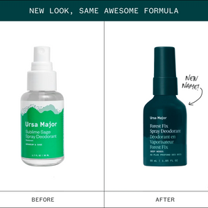 Comparison of Ursa Major spray deodorant bottles labeled 'Before' and 'After' with new names and packaging.