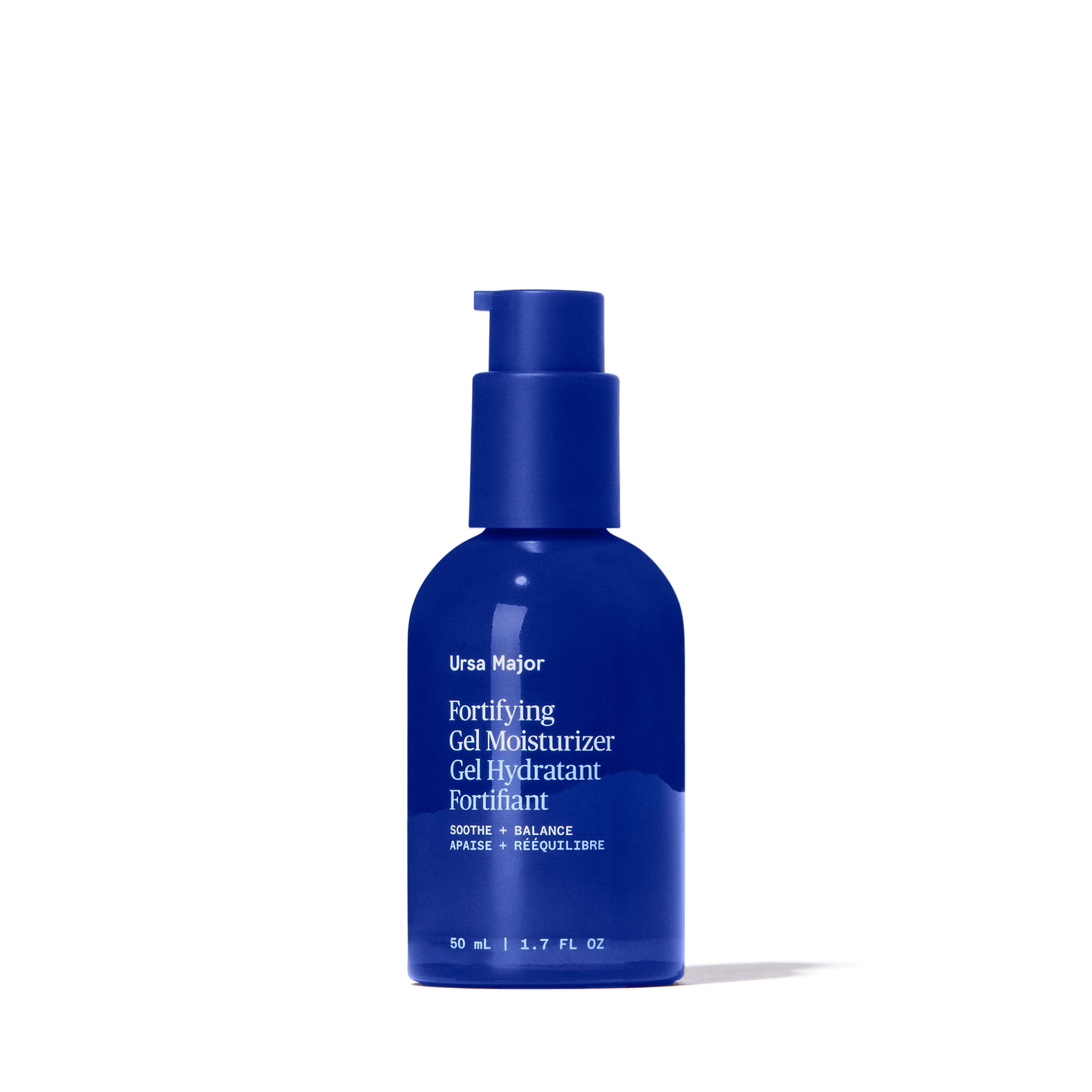 Bottle of Ursa Major Fortifying Gel Moisturizer – a lightweight, serum-textured daily moisturizer designed to hydrate and soothe skin with botanical ingredients.