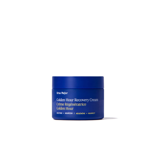 A jar of Ursa Major Golden Hour Recovery Cream. A lightweight, nourishing face cream for all skin types, featuring plant-based ingredients like Sea Buckthorn, Black Currant, and Calendula. Full size