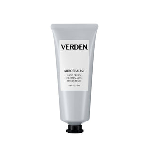Verden Arborealist Hand Cream in a 75ml squeeze tube, featuring a light gray body, a white label with black text, and a black cap, set against a plain white background.