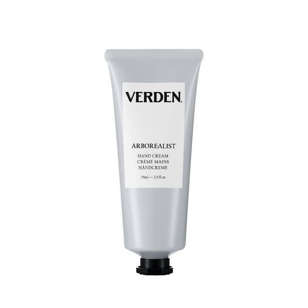 Verden Arborealist Hand Cream in a 75ml squeeze tube, featuring a light gray body, a white label with black text, and a black cap, set against a plain white background.