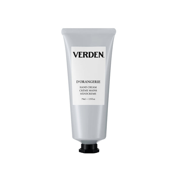 Verden D'Orangerie Hand Cream in a matte silver squeeze tube with a black cap, shown on a plain white background.