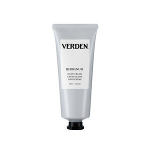 A silver squeeze tube of VERDEN Herbanum Hand Cream with a white label and black cap, centered on a white background.
