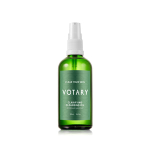VOTARY Clarifying Cleansing Oil bottle, highlighting rosemary, oat, and bergamot key ingredients.