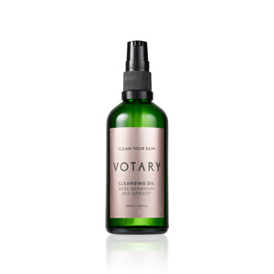 VOTARY Cleansing Oil bottle with rose geranium and apricot, natural skincare, gentle makeup remover with free cotton face cloth.
