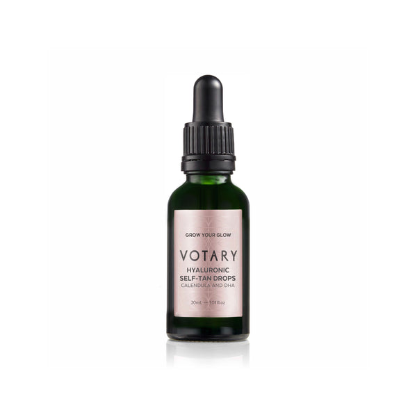 VOTARY Hyaluronic Self-Tan Drops bottle featuring DHA and calendula for a hydrating, natural-looking, streak-free tan.