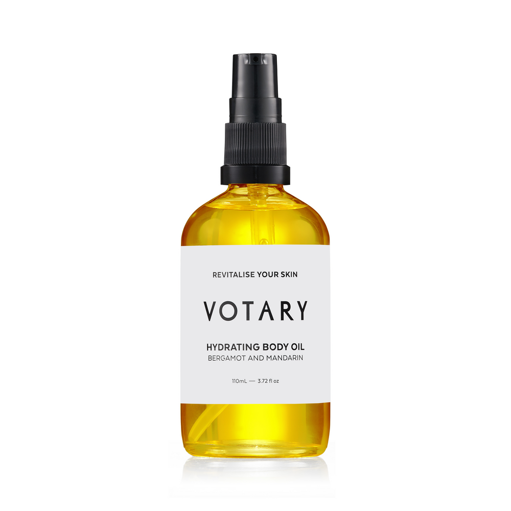VOTARY Bergamot and Mandarin Hydrating Body Oil in glass bottle with citrus botanical oils