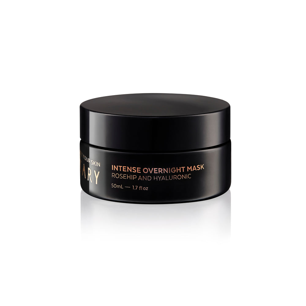 VOTARY Intense Overnight Mask – a luxurious 50ml mask in a glass jar, designed to hydrate, smooth the look of fine lines, and brighten skin with rosehip oil and hyaluronic acid.