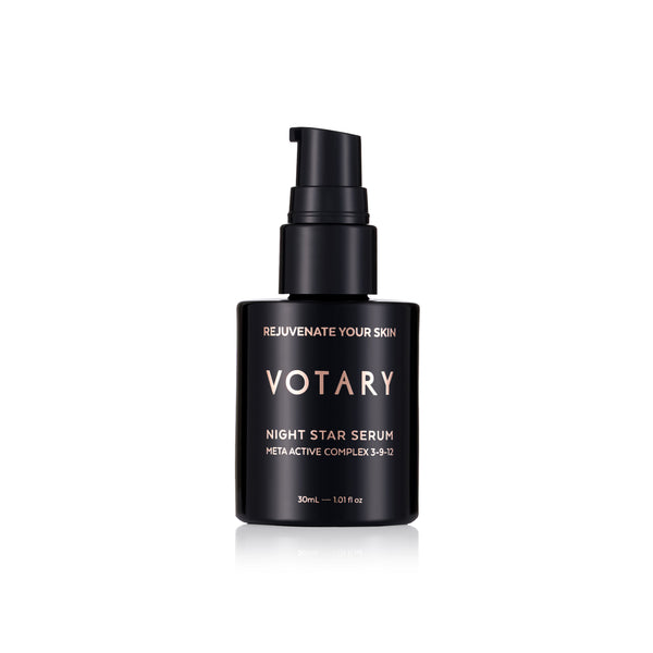 VOTARY Night Star Serum bottle with Meta Active Complex 3-9-12, designed to hydrate, brighten, and smooth the appearance of skin overnight.