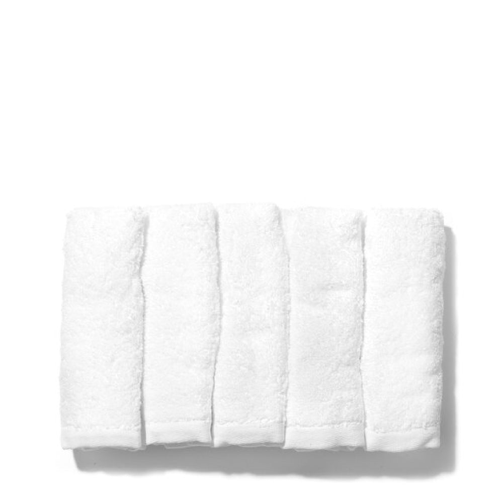 Pack of five 100% pure cotton terry face cloths by VOTARY, soft and breathable for gentle cleansing.