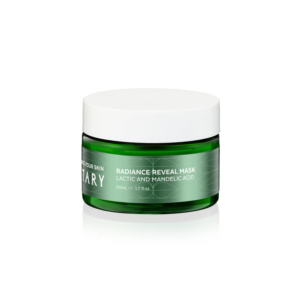 VOTARY Radiance Reveal Mask – a 50ml exfoliating face mask in a sleek glass jar, formulated with lactic and mandelic acids to gently resurface skin for a brighter, smoother complexion.