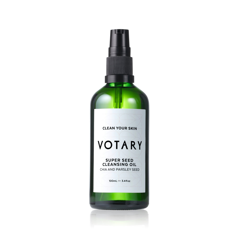 VOTARY Super Seed Cleansing Oil bottle, highlighting chia seed and parsley seed oils in the formula.