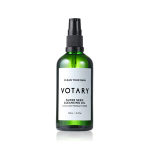 VOTARY Super Seed Cleansing Oil bottle, highlighting chia seed and parsley seed oils in the formula.