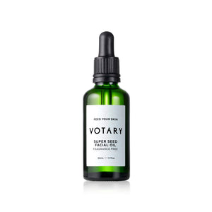 VOTARY Super Seed Facial Oil bottle with a blend of 21 nourishing seed oils for sensitive and radiant skin.
