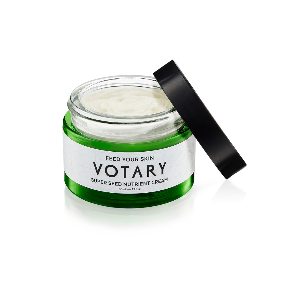 VOTARY Super Seed Nutrient Cream – 50ml jar of fragrance-free moisturizer, designed for sensitive skin with a matte finish, featuring 21 super seed oils and hydrating hyaluronic acid.
