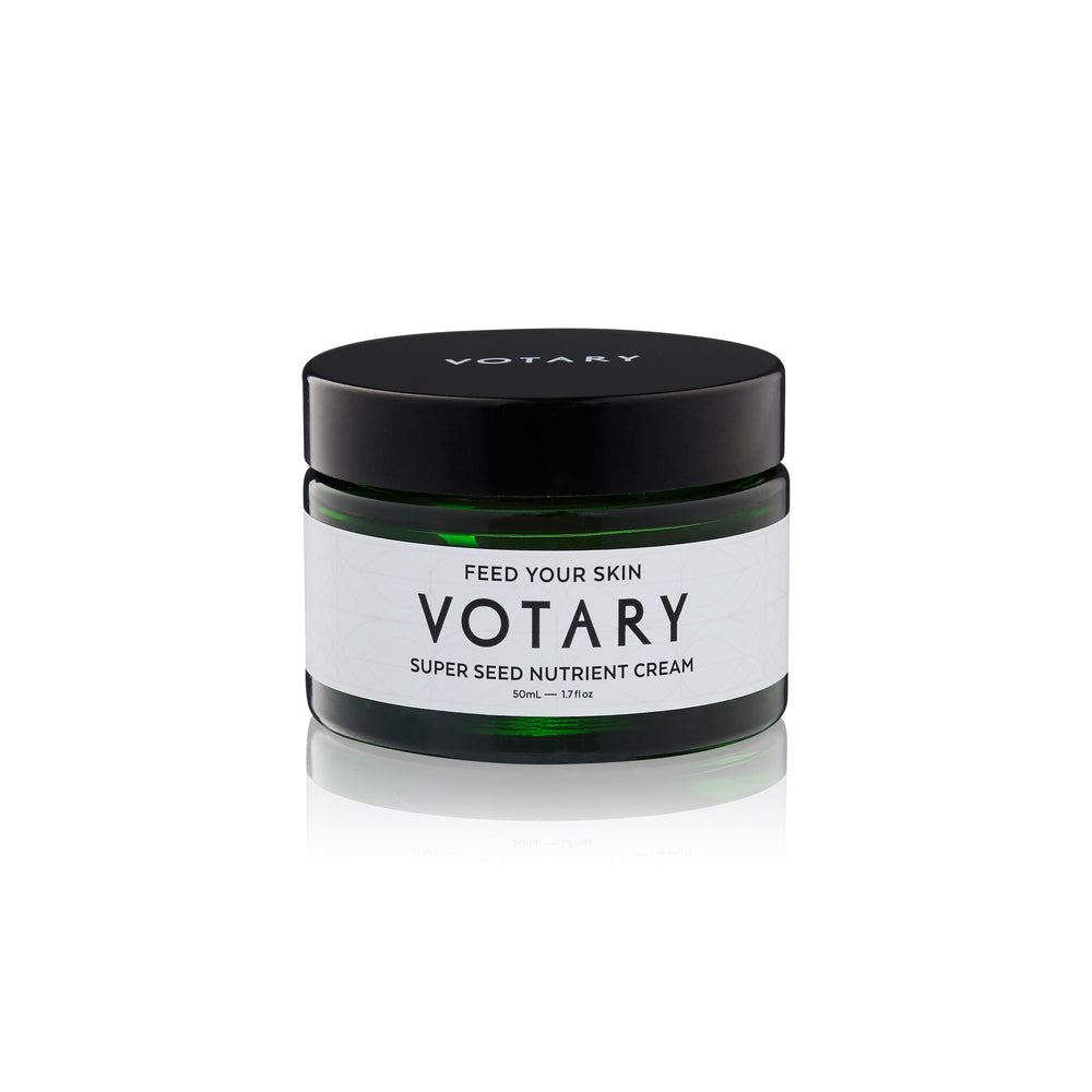 VOTARY Super Seed Nutrient Cream – 50ml jar of fragrance-free moisturizer, designed for sensitive skin with a matte finish, featuring 21 super seed oils and hydrating hyaluronic acid.