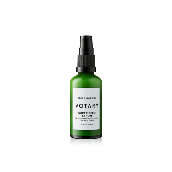 VOTARY Super Seed Serum bottle with broccoli seed and peptides, designed for sensitive and redness-prone skin.