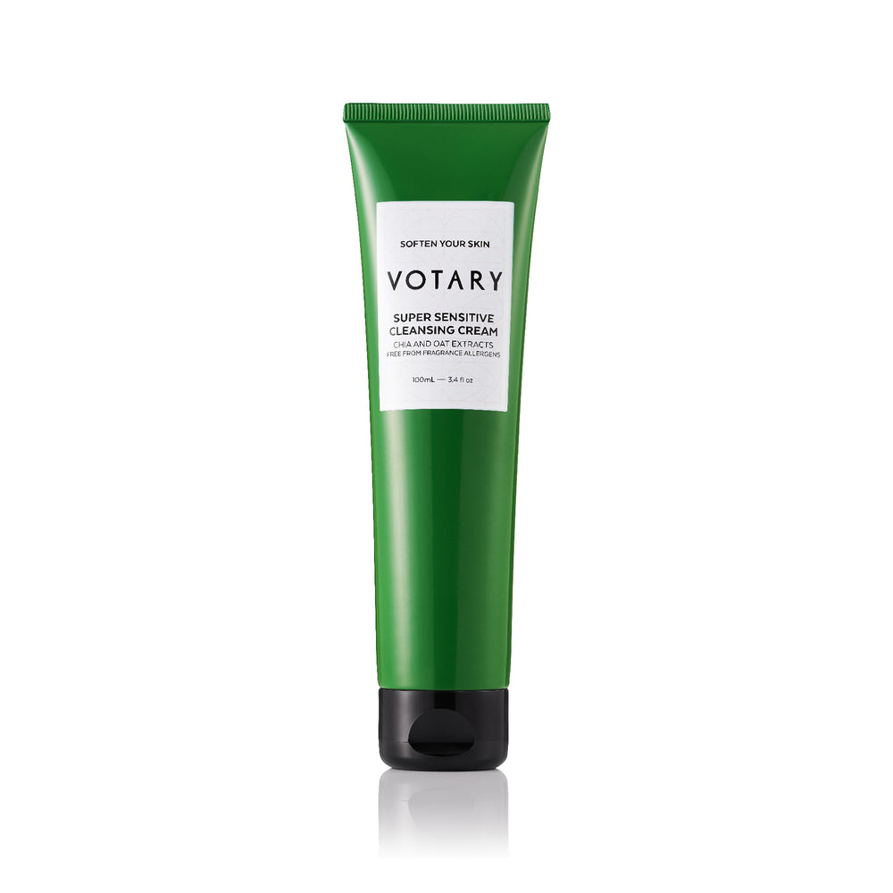 VOTARY Super Sensitive Cleansing Cream with Chia and Oat Extracts — gentle cleanser for sensitive skin in a 100ml green tube.