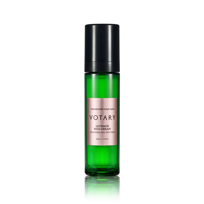 VOTARY Ultimate Rich Cream bottle with ceramides and peptides, nourishing daily moisturizer for soft, hydrated skin.