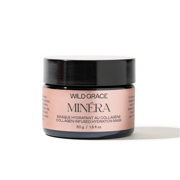 Wild Grace Minéra collagen-infused hydration mask in a black jar with a dusty pink label, on a white background.