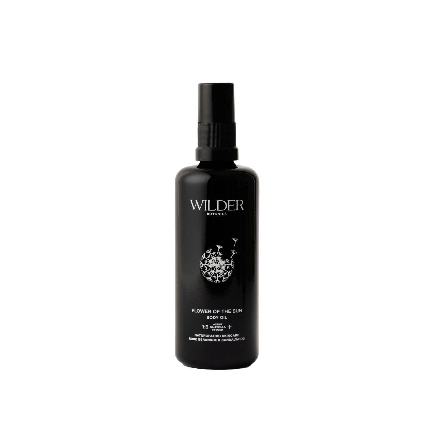 Wilder Botanics Flower of the Sun Body Oil bottle surrounded by natural elements, highlighting its woody and floral ingredients. The oil is presented in eco-friendly packaging, conveying hydration, nourishment, and wellness for all skin types.