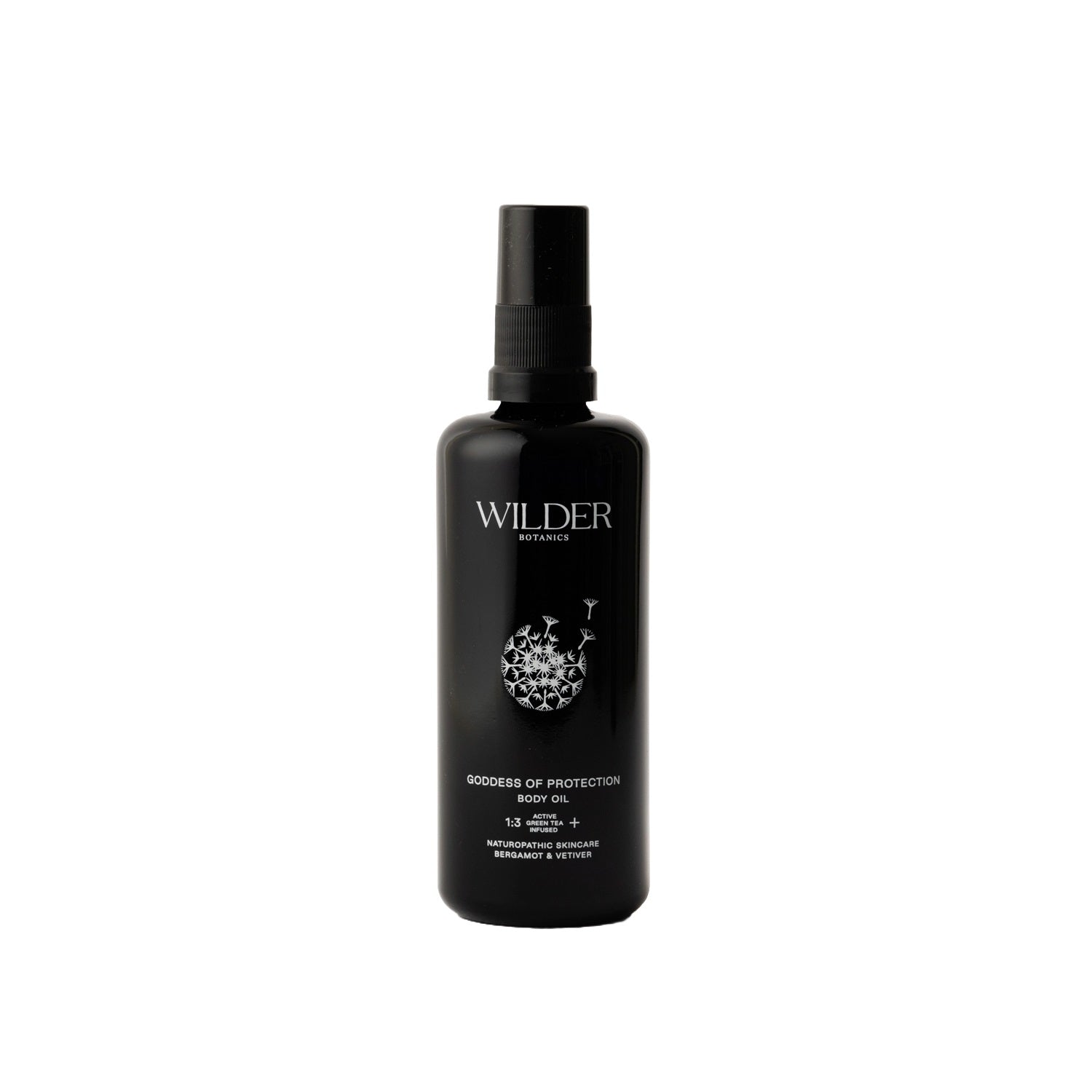 Goddess of Protection Body Oil by Wilder Botanics - a soothing blend of Grapeseed, Sea Buckthorn, and Green Tea oils, enhanced with Bergamot and Vetiver, for skin revitalization and nourishment.