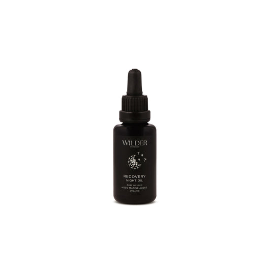 Wilder Botanics Recovery Bio Organic Night Oil, featuring a blend of rose oil, eco marine algae, pomegranate, and Calendula CO2 extracts for skin rejuvenation. Suitable for all skin types.