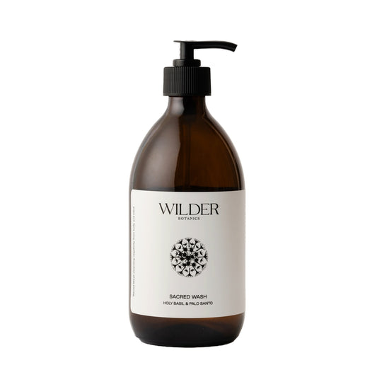 Wilder Botanics Sacred Wash – A natural hand and body cleanser with Tulsi and Palo Santo extracts for gentle, balanced cleansing.