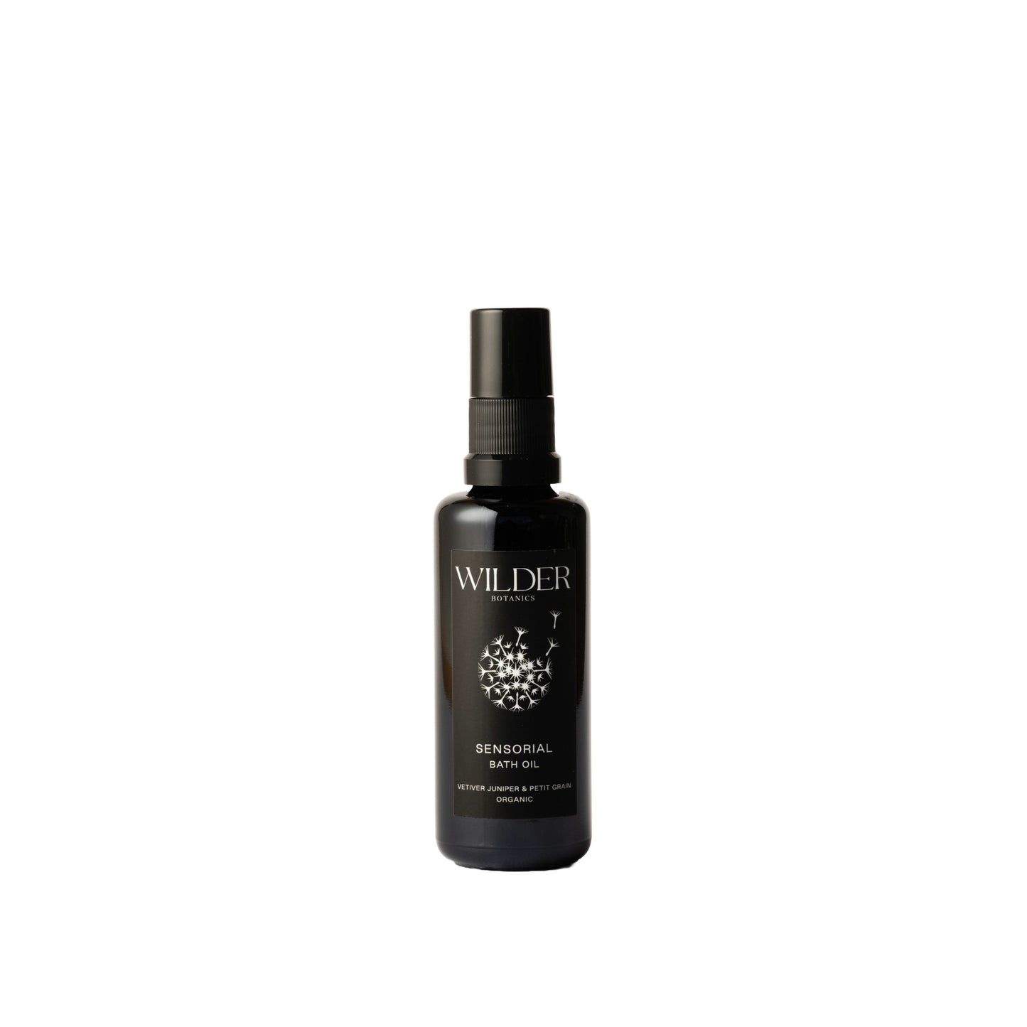 Wilder Botanics Sensorial Bath Oil Vetiver, Juniper & Petitgrain in a glass bottle, with ingredients including coconut oil and essential oils for a hydrating and relaxing bath experience.