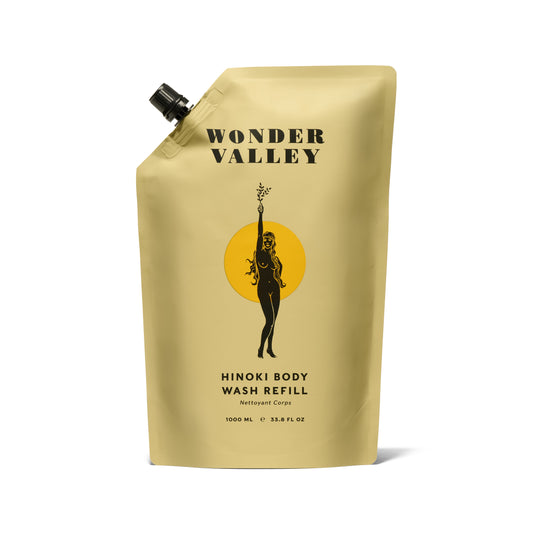 Wonder Valley Hinoki Body Wash Refill - eco-friendly, hydrating shower wash with olive oil and Japanese Hinoki scent. 1L pouch