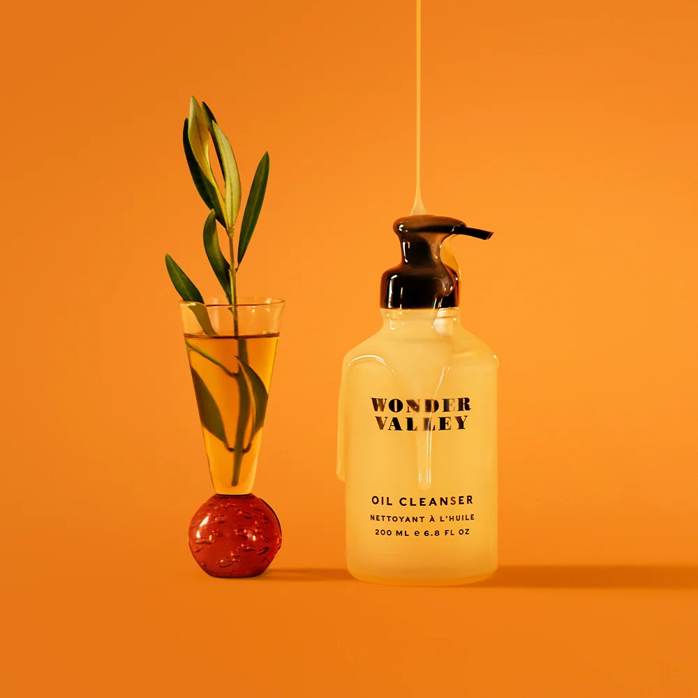 Oil cleanser bottle and packaging with 'Wonder Valley' branding on a white background