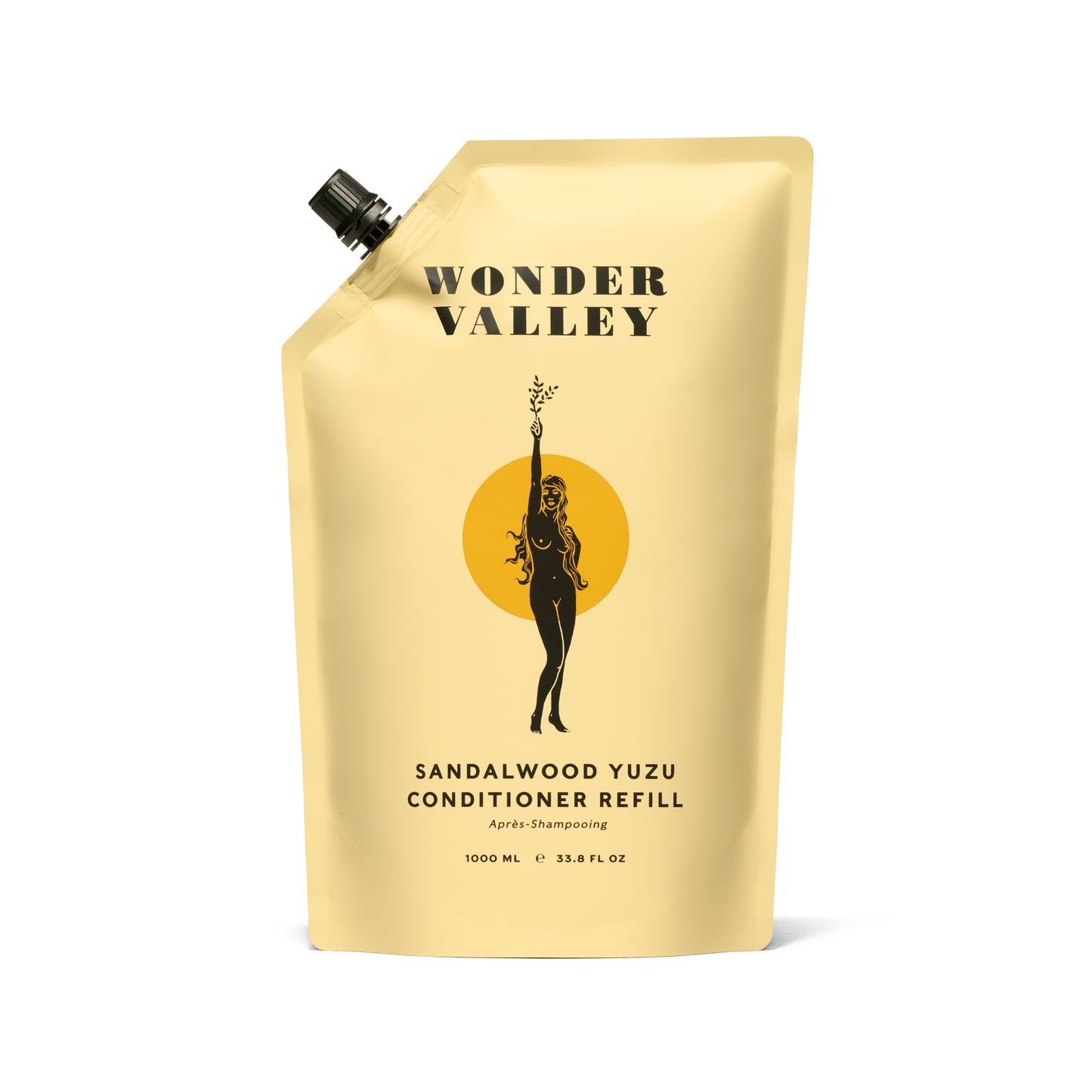 Wonder Valley Sandalwood Yuzu Conditioner Refill pouch with lightweight, hydrating conditioner for soft, shiny hair.