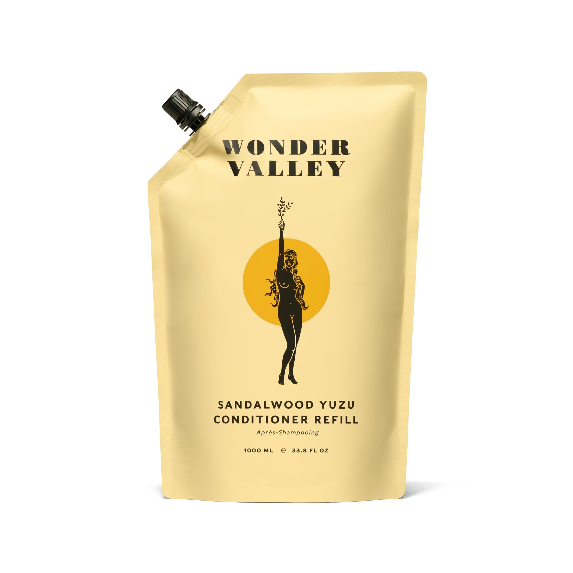 Wonder Valley Sandalwood Yuzu Conditioner Refill pouch with lightweight, hydrating conditioner for soft, shiny hair.