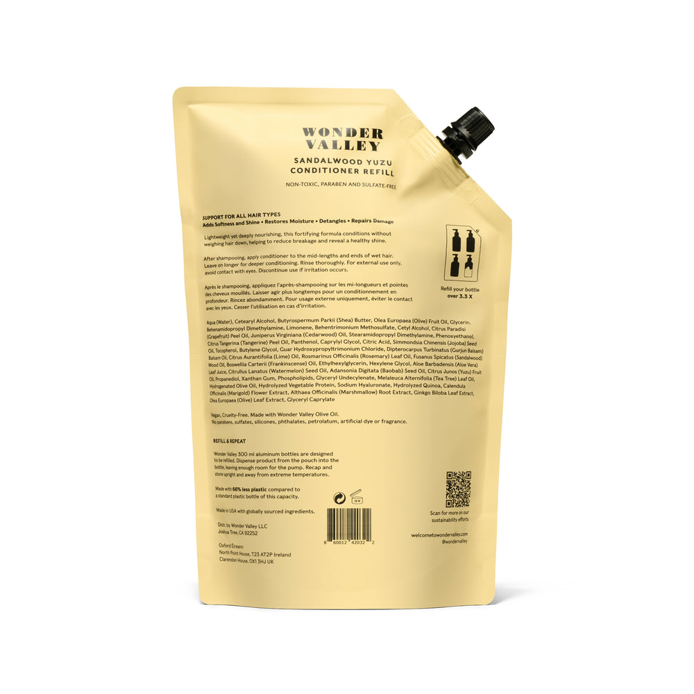 Wonder Valley Sandalwood Yuzu Conditioner Refill pouch with lightweight, hydrating conditioner for soft, shiny hair.
