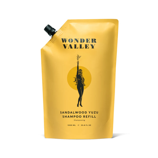 Wonder Valley Sandalwood Yuzu Shampoo Refill – Eco-friendly refill pouch with hydrating, purifying shampoo for all hair types.