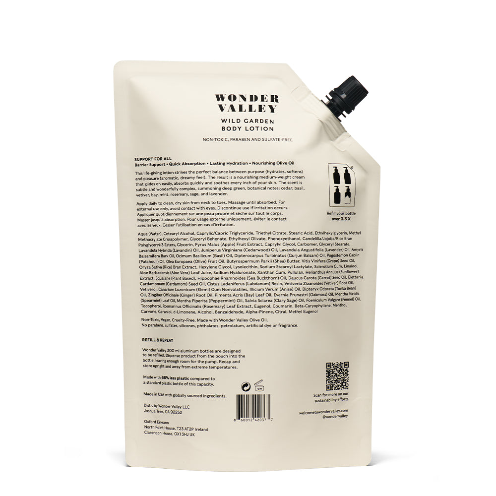 Wonder Valley Wild Garden Body Lotion Refill 1000ml eco-friendly pouch, enriched with olive oil, shea butter, hyaluronic acid, and wild herbal botanicals.