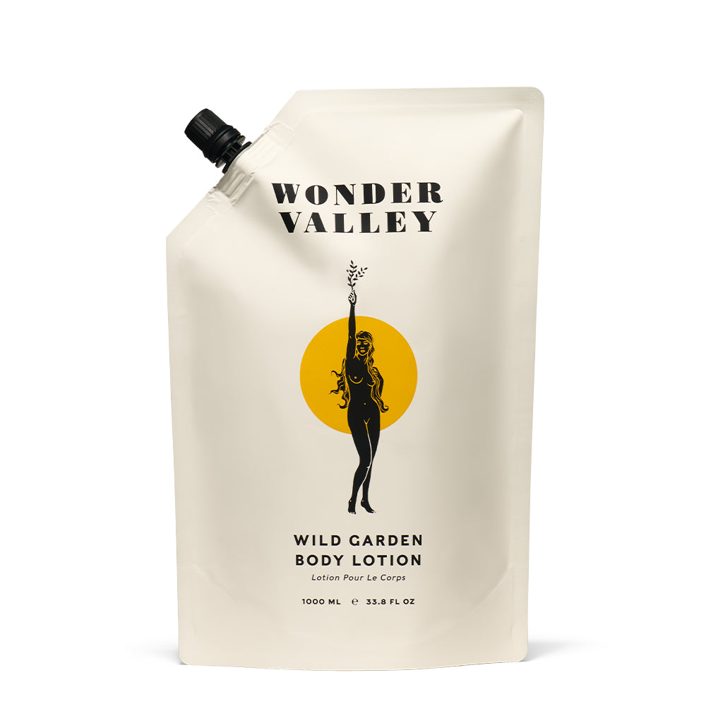 Wonder Valley Wild Garden Body Lotion Refill 1000ml eco-friendly pouch, enriched with olive oil, shea butter, hyaluronic acid, and wild herbal botanicals.