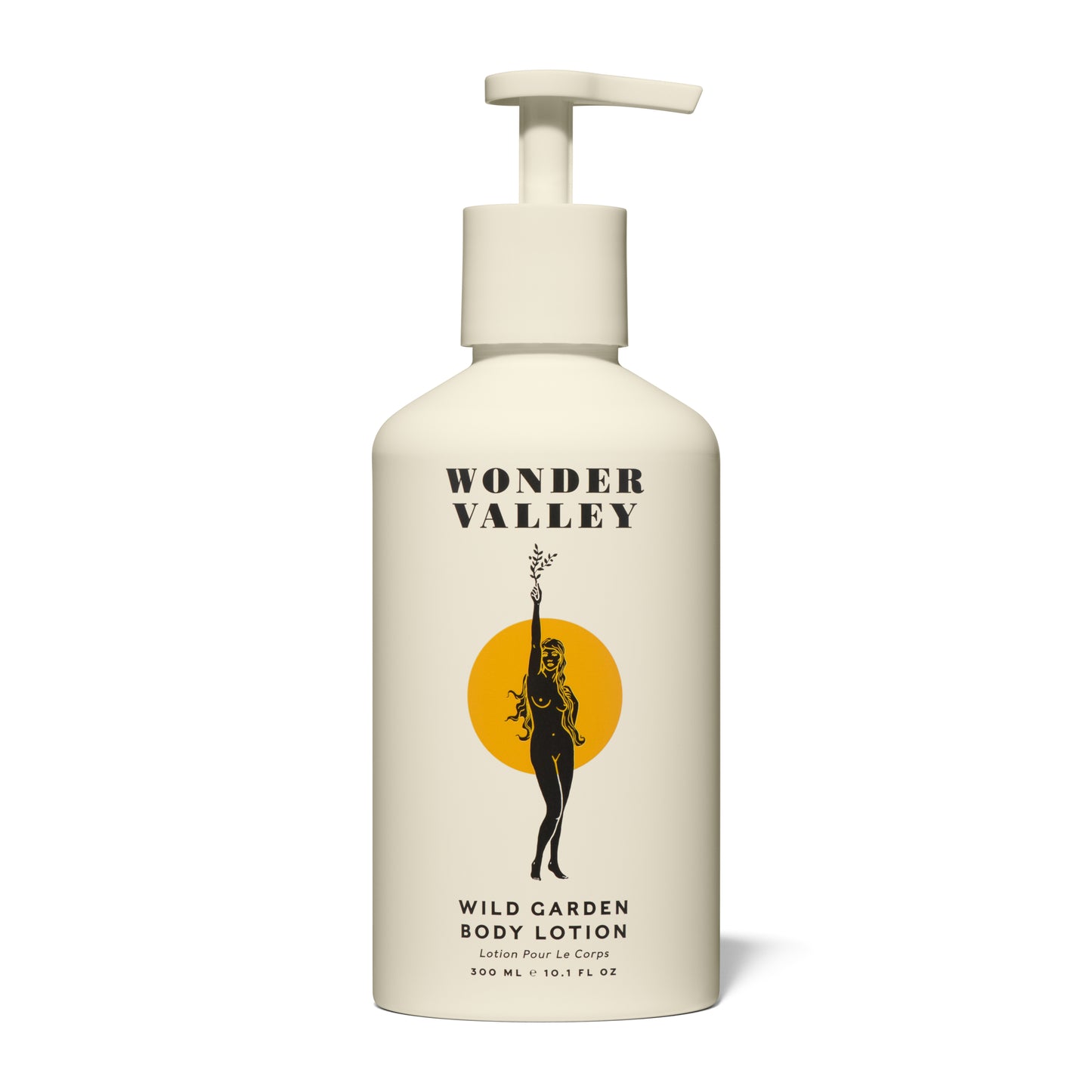Wonder Valley Wild Garden Body Lotion in a sleek pump bottle, enriched with olive oil, shea butter, squalane, and sea buckthorn. Luxurious cream with notes of cedar, basil, rosemary, sage, mint, lavender, bay, and vetiver.