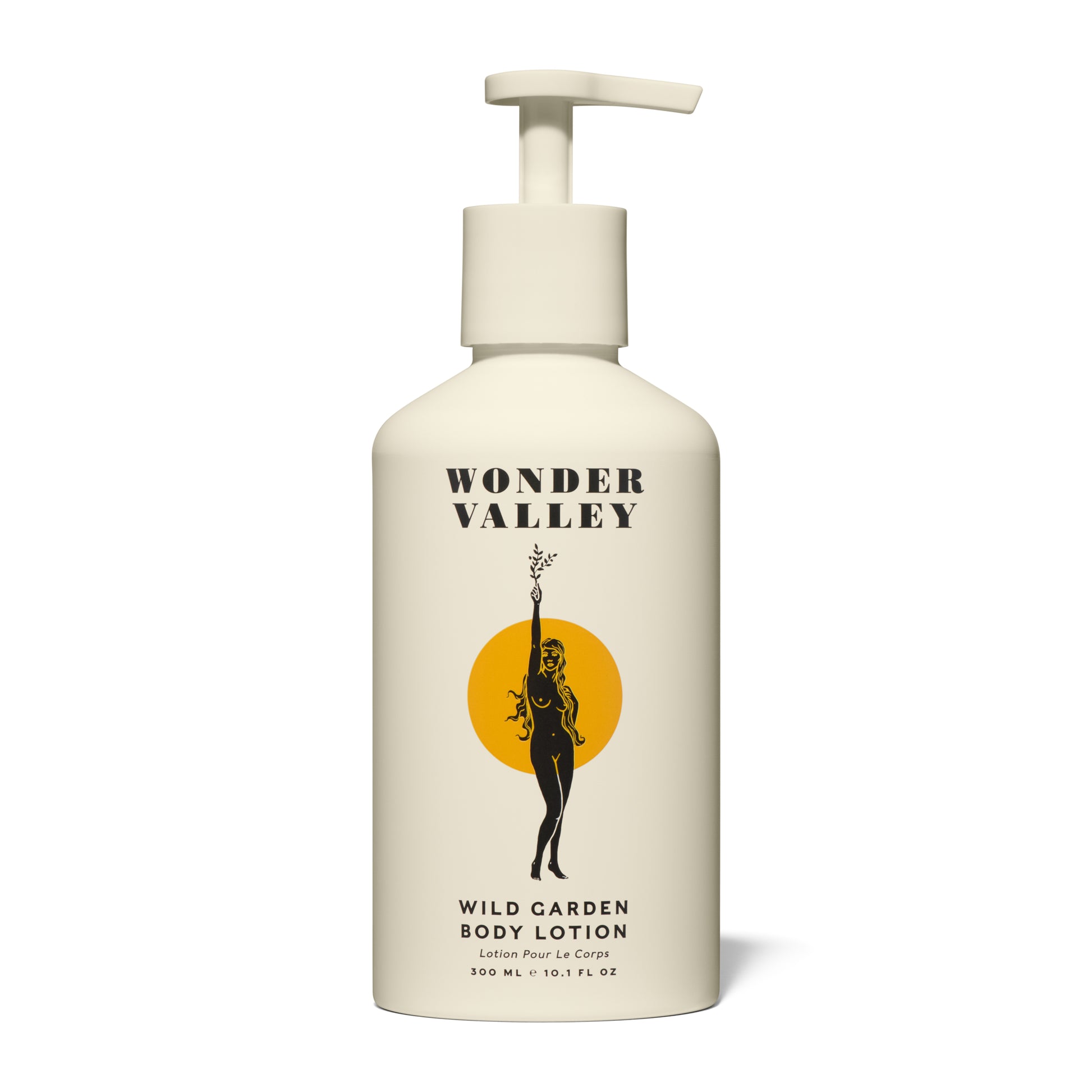 Wonder Valley Wild Garden Body Lotion in a sleek pump bottle, enriched with olive oil, shea butter, squalane, and sea buckthorn. Luxurious cream with notes of cedar, basil, rosemary, sage, mint, lavender, bay, and vetiver.