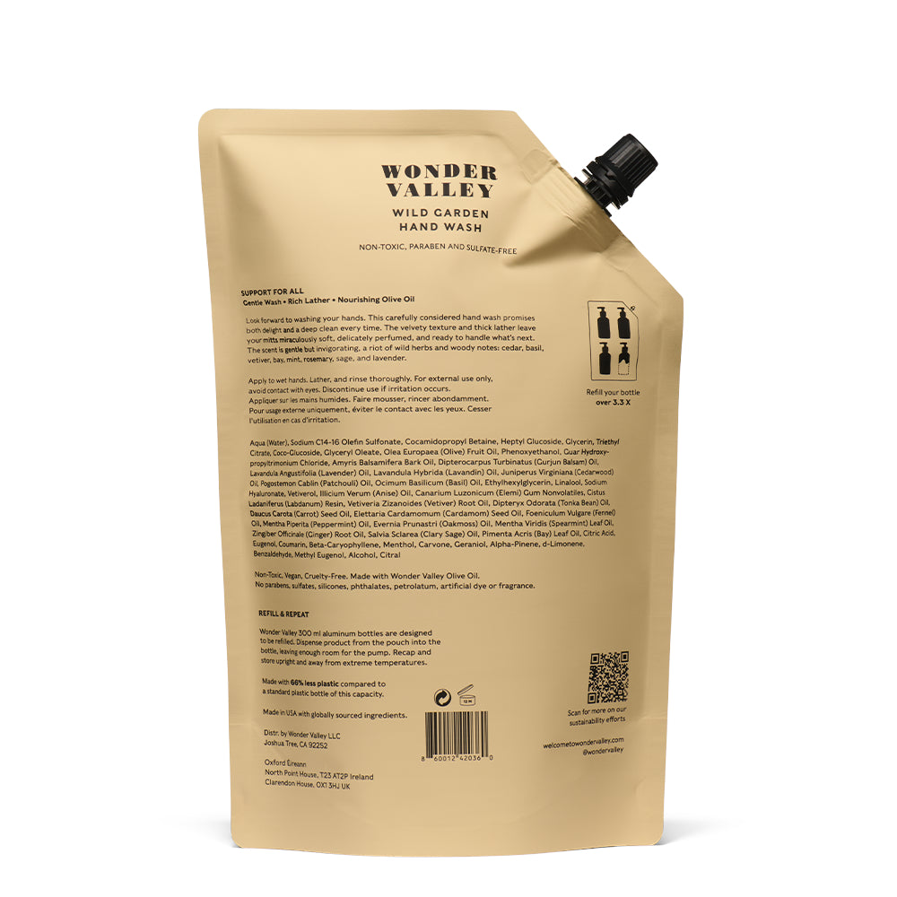 Wonder Valley Wild Garden Hand Wash Refill in 1000ml eco-friendly packaging, infused with olive oil, carrot seed oil, and wild herbal botanicals.