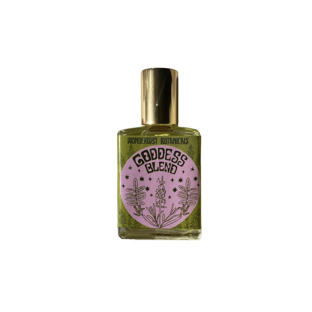 Wonderlust Botanicals Goddess Blend Perfume Oil - a light floral fragrance with essential oils like lavender, geranium, and jasmine.