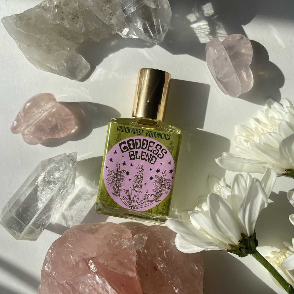 Wonderlust Botanicals Goddess Blend Perfume Oil - a light floral fragrance with essential oils like lavender, geranium, and jasmine.