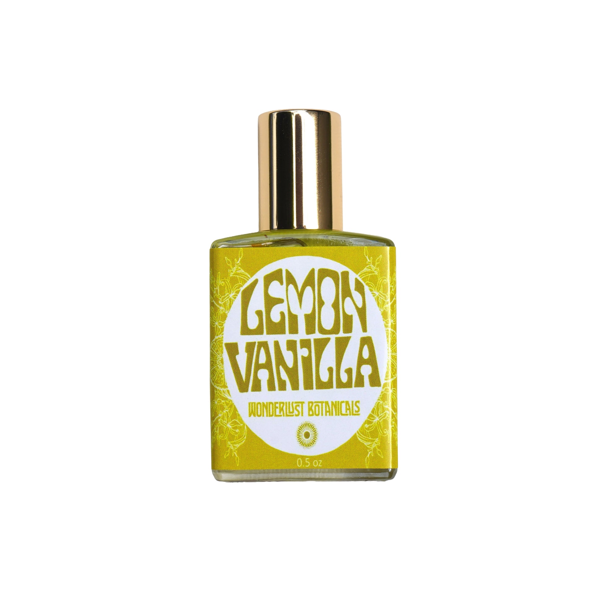 WONDERLUST BOTANICALS Lemon Vanilla natural roll-on perfume in a 0.5 oz glass bottle, featuring a fresh citrus and sweet vanilla blend for an uplifting, summery scent.