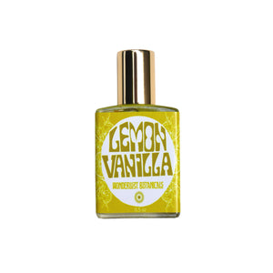 WONDERLUST BOTANICALS Lemon Vanilla natural roll-on perfume in a 0.5 oz glass bottle, featuring a fresh citrus and sweet vanilla blend for an uplifting, summery scent.
