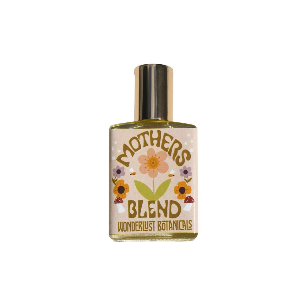 Roll-on bottle of WONDERLUST BOTANICALS Mothers Blend Aromatherapy Perfume, a natural pregnancy-safe fragrance with lavender, rose, sandalwood, and chamomile essential oils.