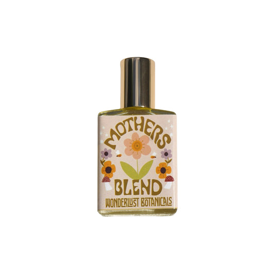 Roll-on bottle of WONDERLUST BOTANICALS Mothers Blend Aromatherapy Perfume, a natural pregnancy-safe fragrance with lavender, rose, sandalwood, and chamomile essential oils.