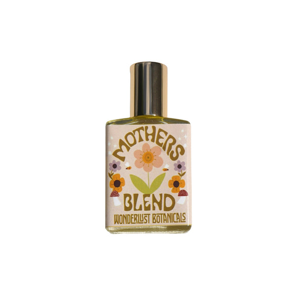 Roll-on bottle of WONDERLUST BOTANICALS Mothers Blend Aromatherapy Perfume, a natural pregnancy-safe fragrance with lavender, rose, sandalwood, and chamomile essential oils.
